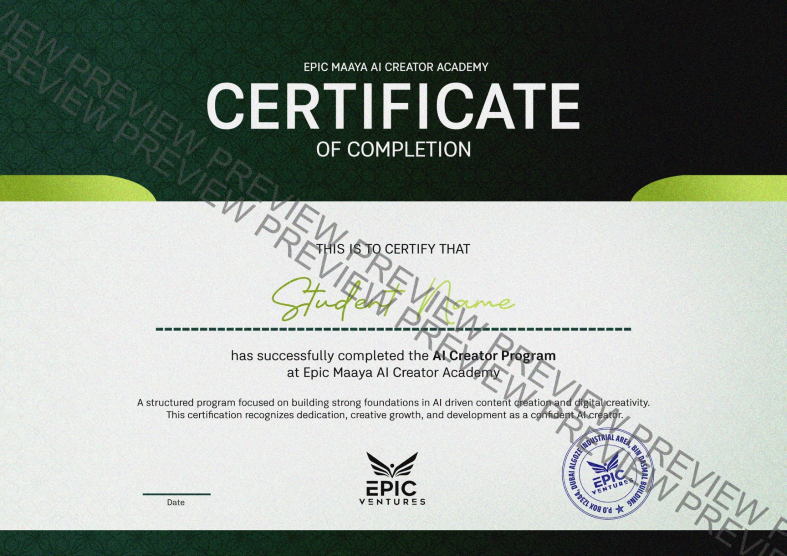 Sample Certificate of Completion from Epic Maaya AI Creator Academy